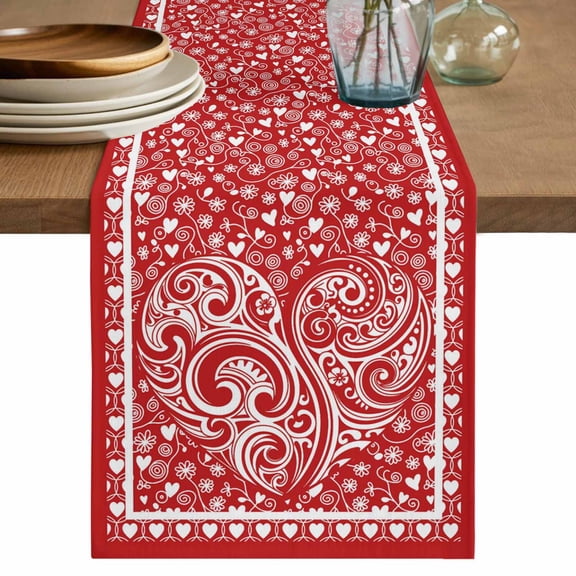 Valentine's Day Table Runner 60 Inches, Red Love Retro Country Abstract Art Bed Runner Dresser Scarves Tabletop for Indoor Outdoor Parties/Ceremony/Banquet, 13" x 60"