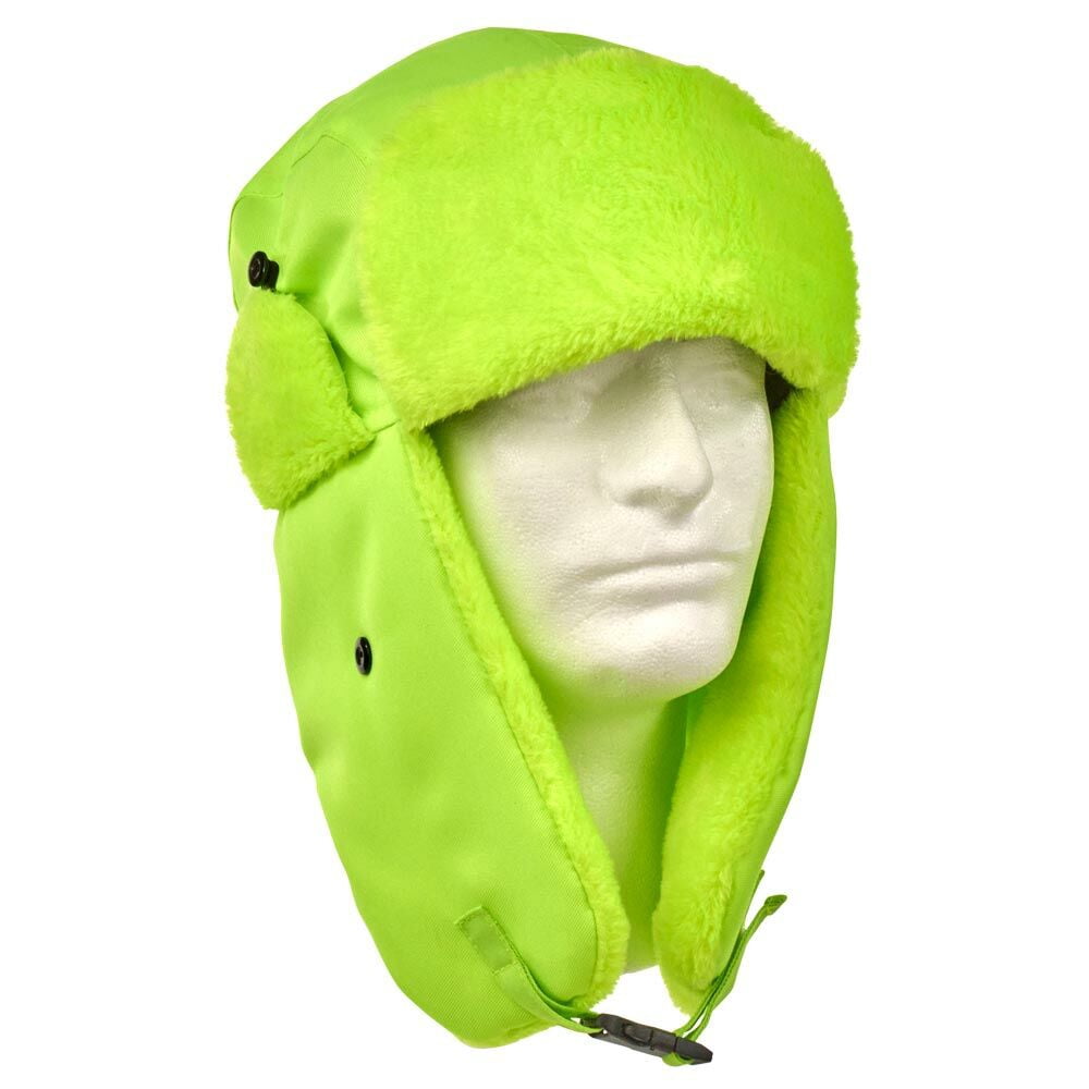 Winter Trapper Hat with Ear Flaps, Faux Fur Lined, Lime Green