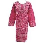 Mogul Womans Indian Kurta Dark Pink Tunic Floral Paisley Embroidered Cotton Kurti Dress