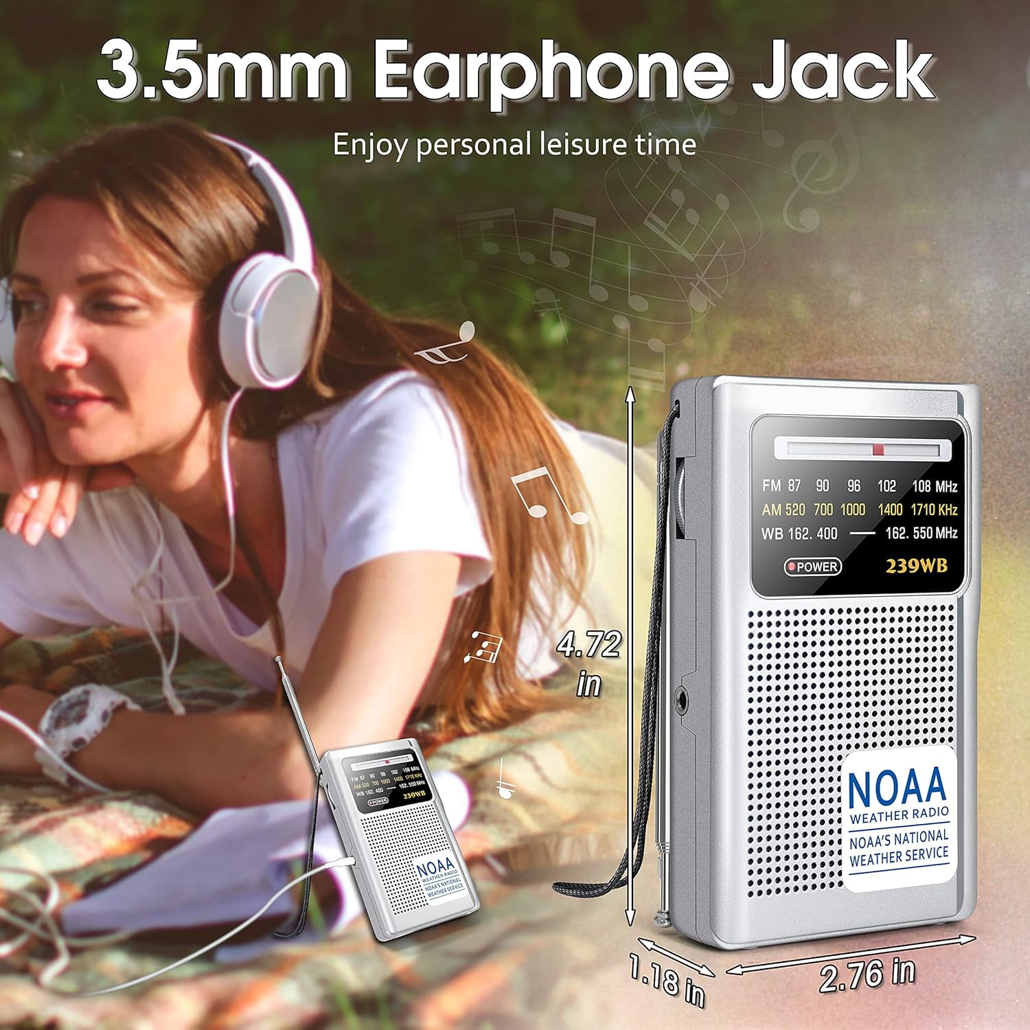 NOAA Weather Radio, AM/FM Battery Operated Transistor Portable Radio with Best Reception,Stereo Earphone Jack,Powered by 2 AA Battery for Emergency,Hurricane,Running, Walking,Home (Silver)