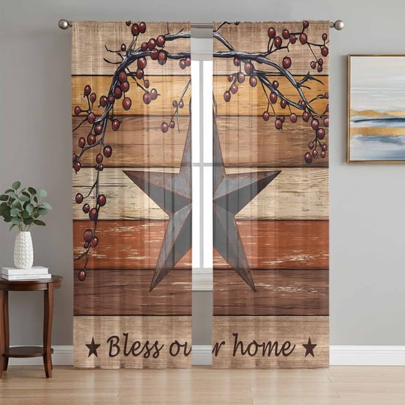 Texas Star Vintage Sheer Curtains 96 Inch Length 2 Panels Set Window Treatments, Berry Burnt Orange Brown Wooden Rod Pocket Semi Curtains for Living Room/Bedroom/Kitchen Décor, 104"W x 96"L