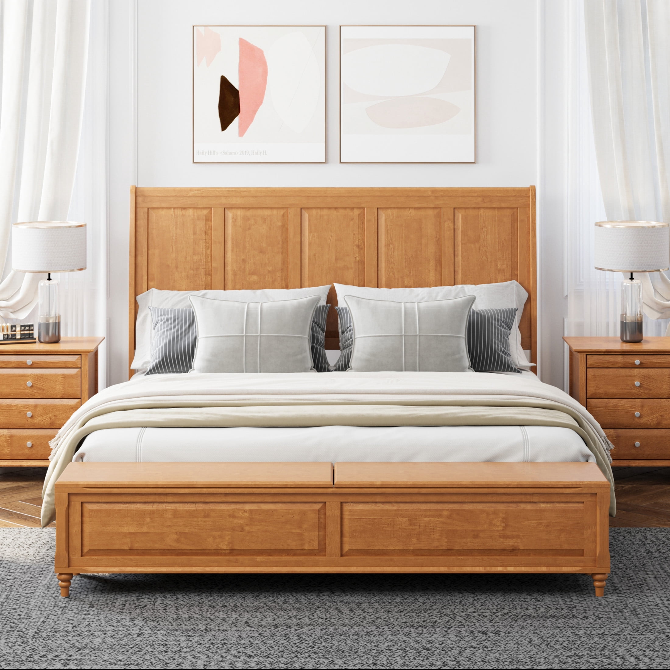 GDF Studio King Size Solid Wood Sleigh Bed with Tall Headboard and Storage Bench, Natural
