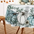 thumbnail image 6 of Thanksgiving Teal White Pumpkin Patch Round Tablecloth 60 x 60 Inch, Autumn Eucalyptus Leaves Decorative Table Cloth Dining Table Cover, Blue Plaid Fall Farmhouse Dinner Party Decoration, 6 of 6