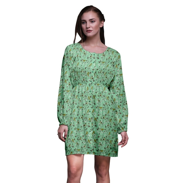 Bimba Robe Midi à Boutons Feuilles Vertes & Oiseau Flowerpecker Tunique Femme Manches Longues Smockée - Très Grand