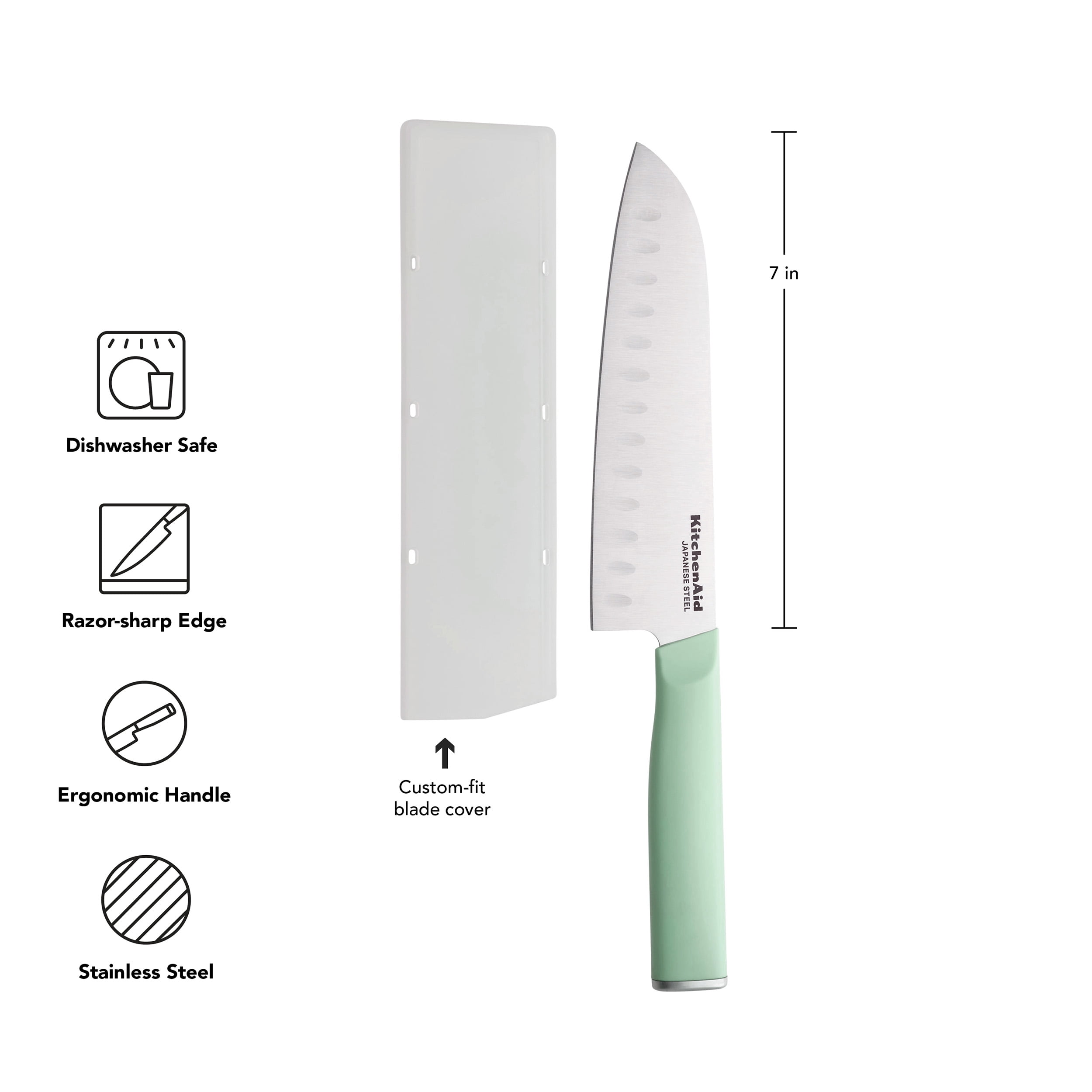 KitchenAid Classic 7-Inch Santoku Knife with Sheath, High-Carbon Japanese Steel Blade, Pistachio