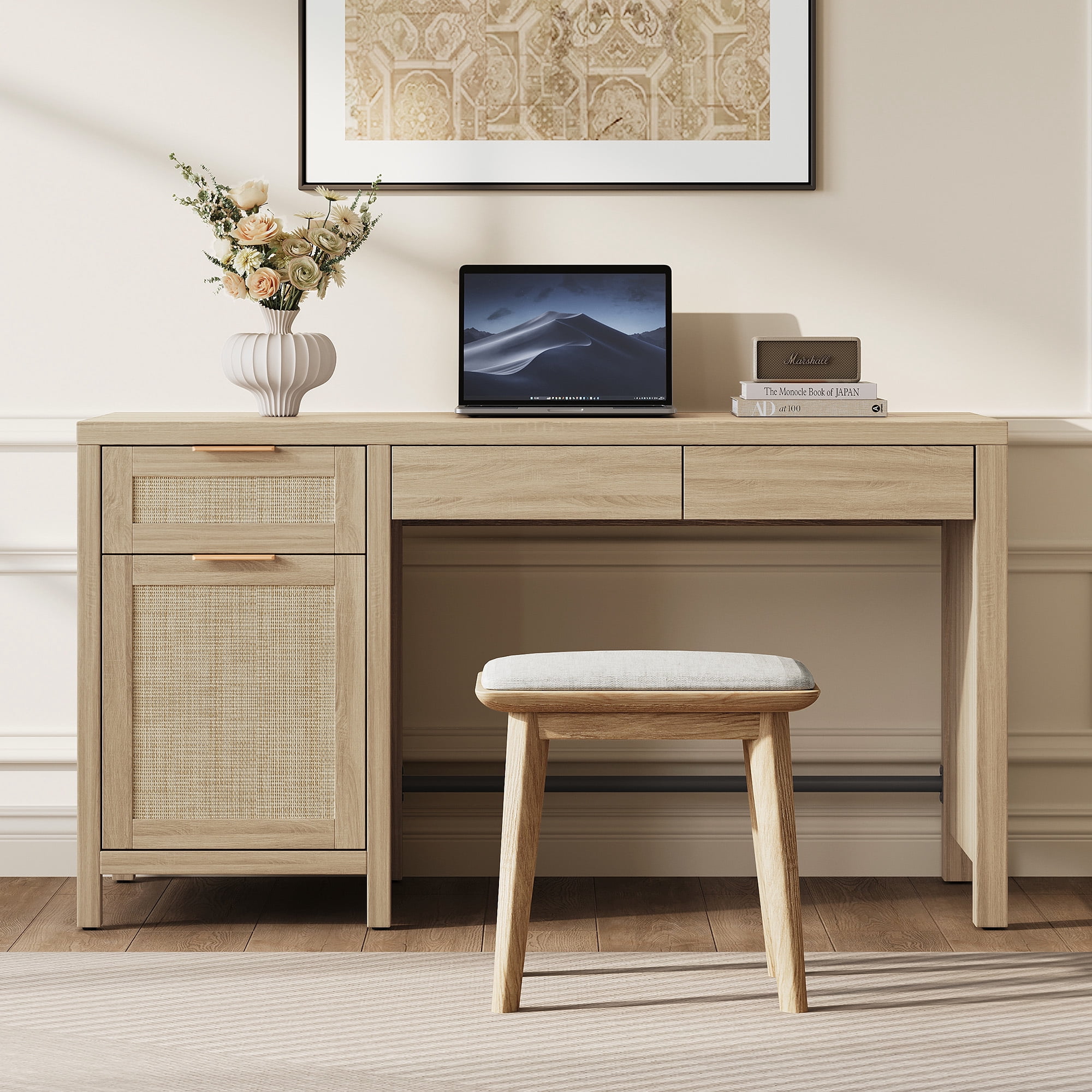 SICOTAS 55" Wide Writing Desk with Rattan Decor & Hidden Drawers Set of 2–Spacious Desktop for Dual Monitors, Adjustable Shelf, Sturdy Engineered Wood, Boho Style for Home Office or Vanity