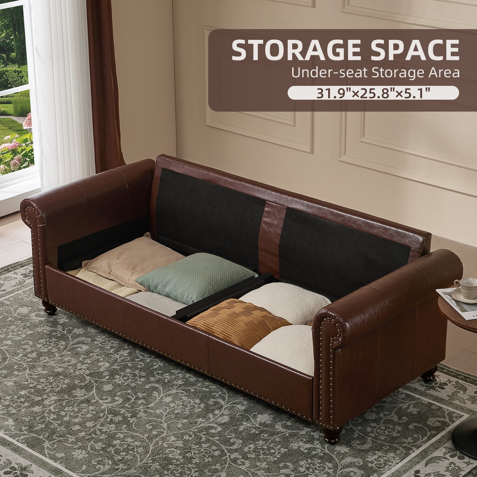 LeChapitre Faux Leather Sofa with Storage Seats, Classic 3-Seater Couch with Nailhead Trim (Dark Brown)
