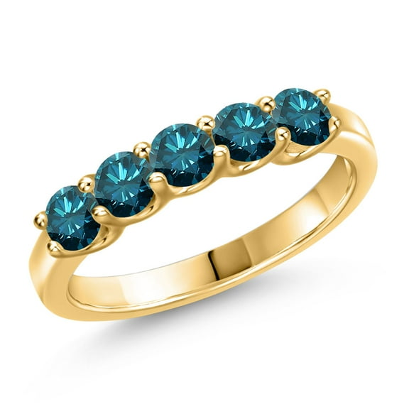 Gem Stone King 18K Yellow Gold Plated Silver Blue Diamond Wedding-Bands Ring for Women | 0.75 Cttw | Round 3.5MM | Gemstone April Birthstone | Size 5
