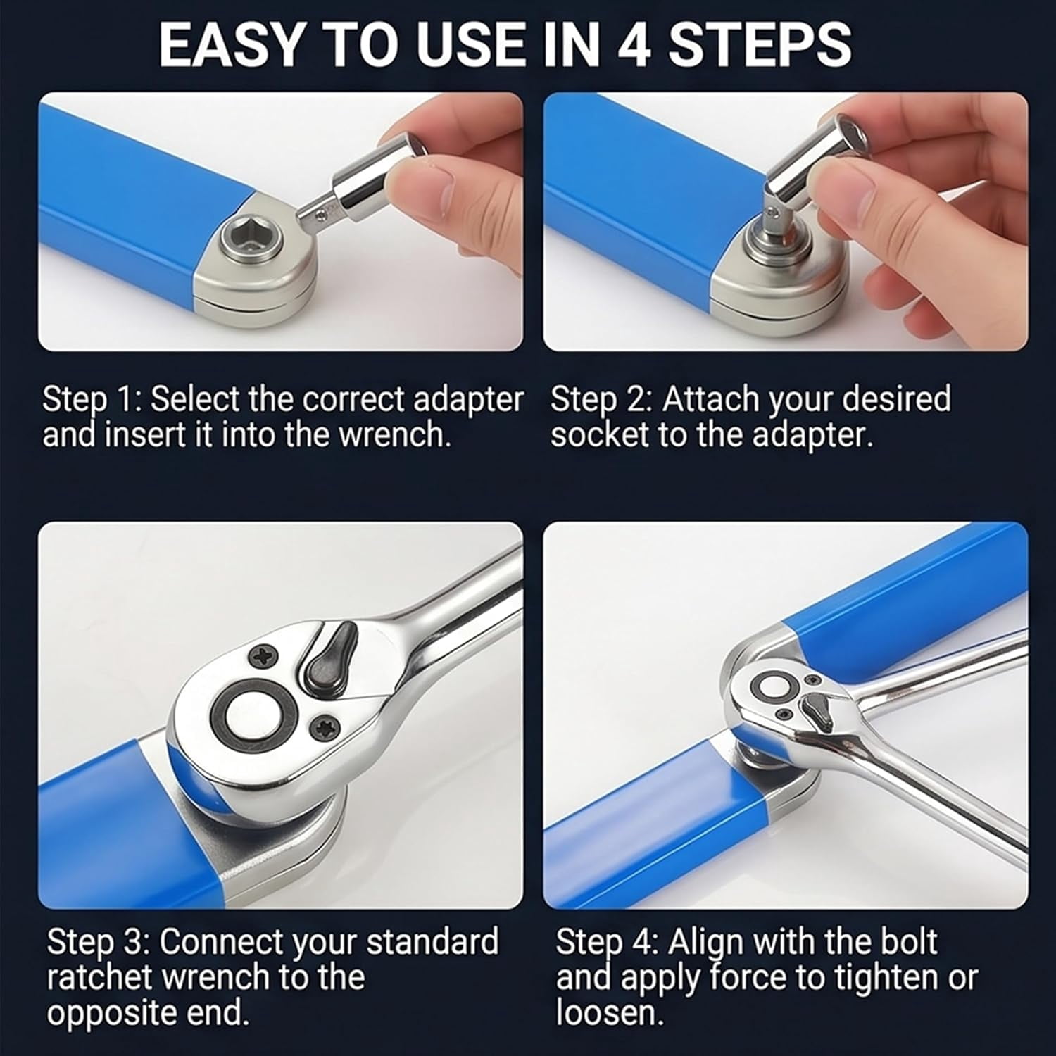 Bolthero Offset Extension Wrench, 15.4" Zero-Degree Chain-Drive Extender, 0.8" Ultra-Thin Profile, 4 Adapters 1/4" 3/8" 1/2" Drive, 53 Ft/Lb Impact Ready For Automotive Tight Space Repai