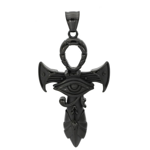 Ancient Egyptian Black Ankh Necklace Stainless Steel Eye of Ra Aunk Pendant Unisex Fantasy Forge Jewelry