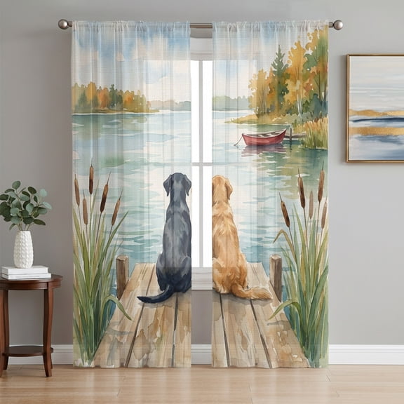 Funny Dogs Sheer Curtains 72 Inch Length 2 Panels Set, Farmhouse Nature Lake Wooden Ship Trees Voile Window Treatment Rod Pocket Curtains Sheers Drapes for Bedroom/Living Room/Kitchen 52"x72"x2