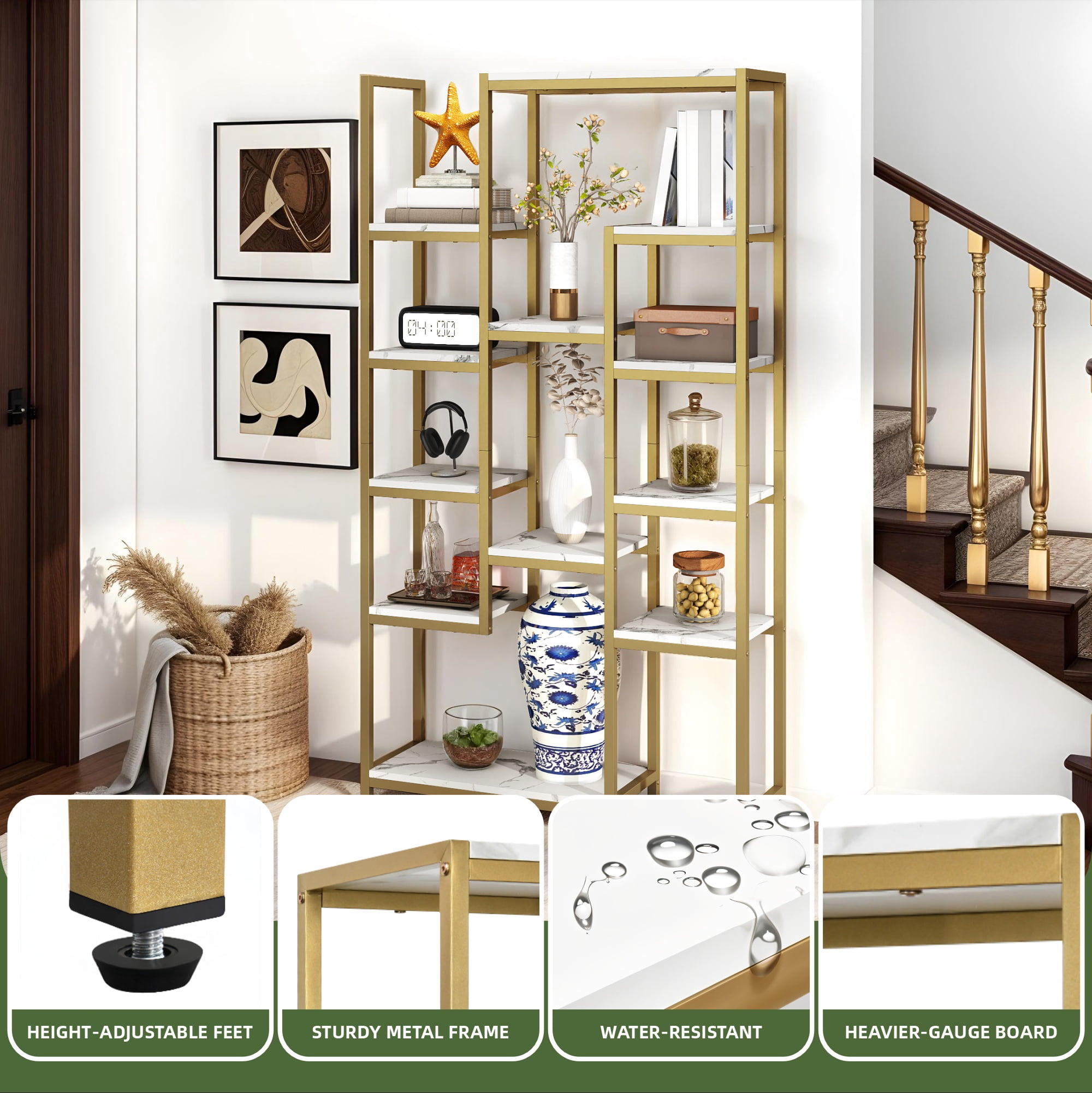 Uforic 71" Tall Bookshelf, 6 Tier Home Office Bookcase, Modern Freestanding Open Display Shelf, Gold