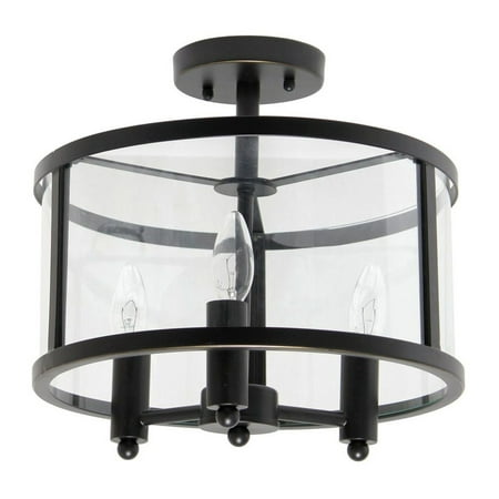 

Medium 13 Iron And Glass Shade Traditional Farmhouse Industrial 3-Light Ceiling Mounted Round Semi-Flushmount Black