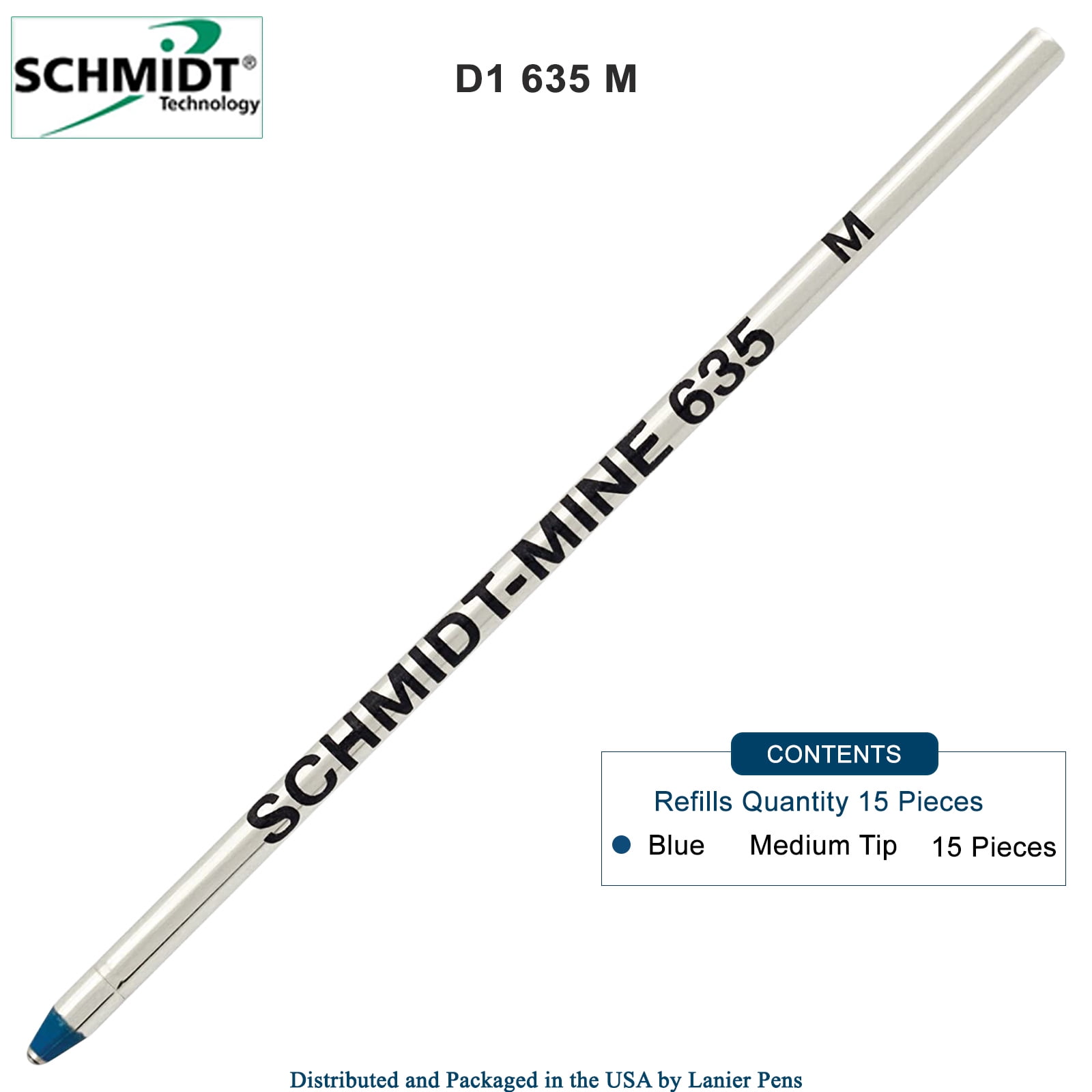Schmidt 635 Mini D1 Ball Pen Refill - Blue Ink, Medium Tip - 15 Pack (Lamy M21 and Cross 8518-4 Compatible)