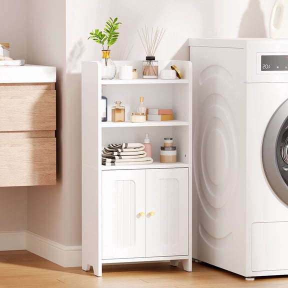 BEWISHOME White Bathroom Floor Cabinet, Storage Cabinet with Doors & Adjustable Shelves, Wooden Cupboard for The Living Room, Bedroom