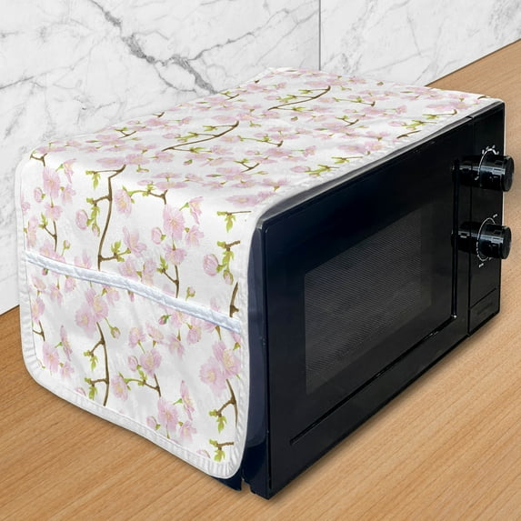 Plant Watercolor Microwave Oven Cover, Blooming Cherry Japanese Sakura in Soft Rose, Water Resistant Organizer with Pockets for Kitchen, 36" x 12", Pale Pink Fawn, by Ambesonne