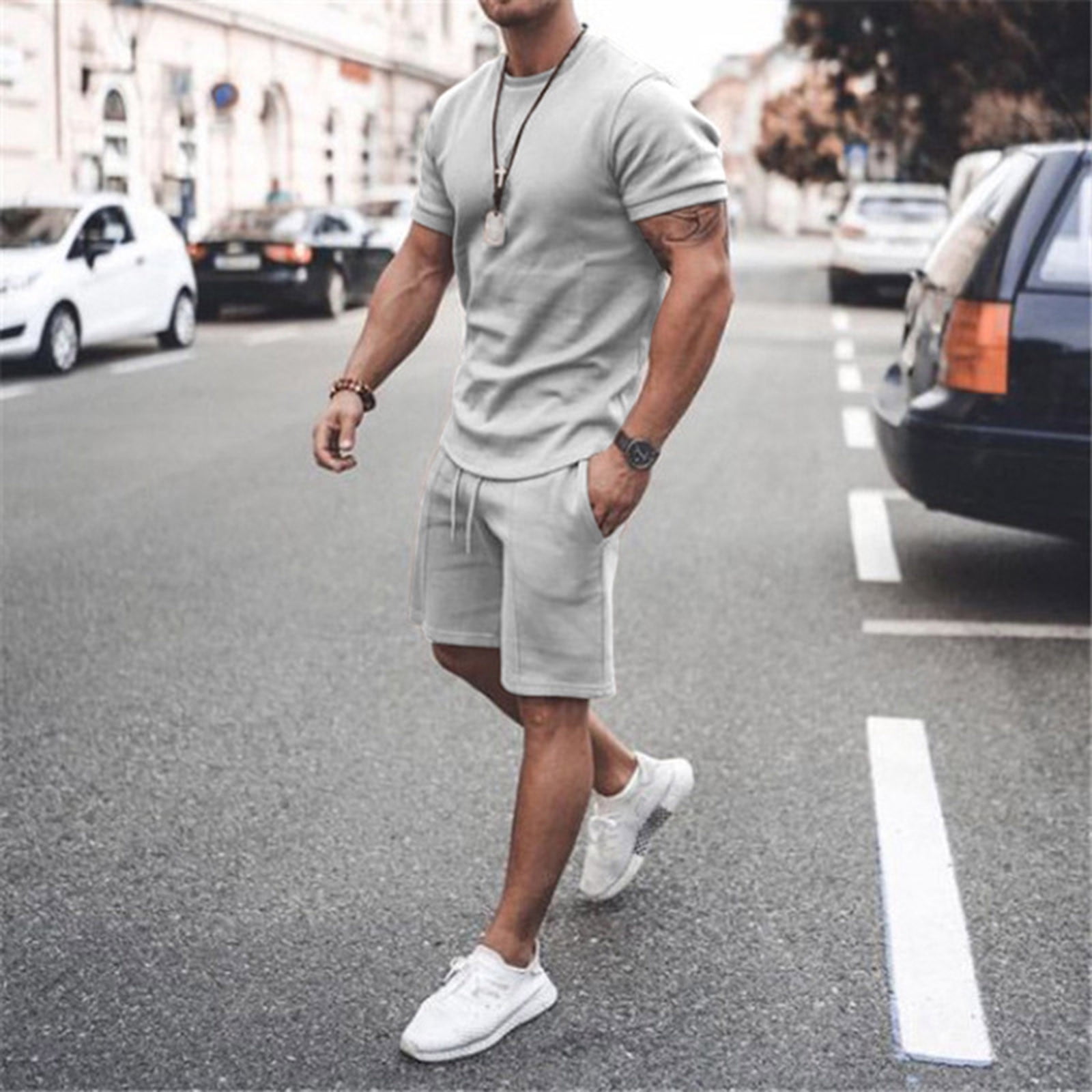 Mens 2 Piece Outfit Set Summer Workout Sports Set Tracksuit Short Sleeve T Shirts and Shorts Casual Sweatsuit Set 