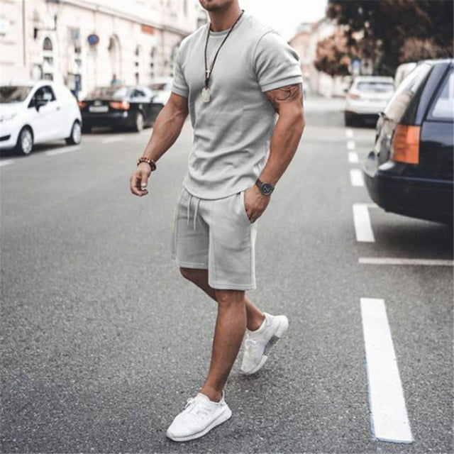 DPTALR Men 2 Piece Casual O-Neck Short Sleeve Tee Shirts And Fit Sport Shorts Set