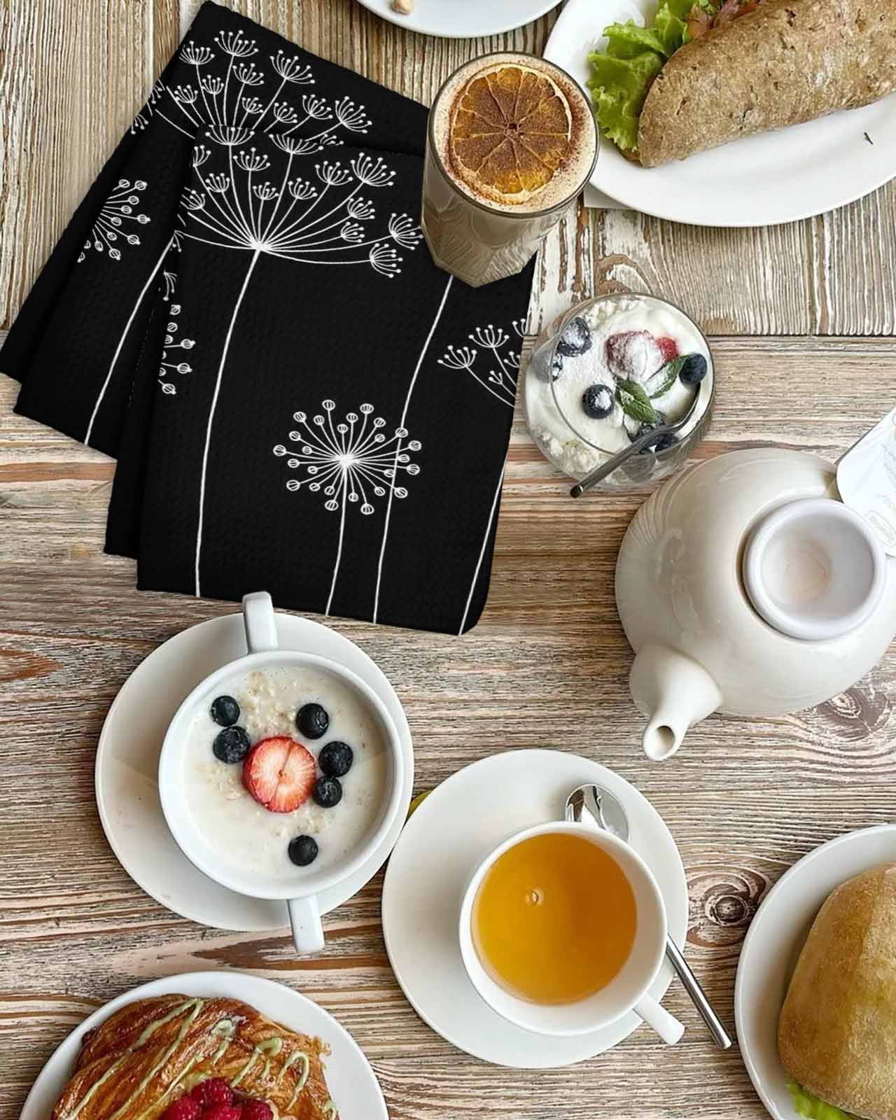 Black Dandelion Kitchen Dish Towels for Drying Dishes Set of 2, Spring Modern Minimalist Country Flower Waffle Weave Microfiber Hand Tea Bathroom Towels Quick Dry & Absorbent Towel 15.7x23.6