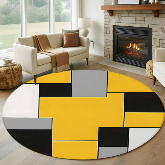 Yellow Abstract Round Area Rug 5 FT, Non Slip Bedroom Area Rug, Geometric Grey Black White Lattice Washable Soft Circular Carpet Non-Shedding Floor Mat for Kitchen Dining Room Foyer Balcony Dorm