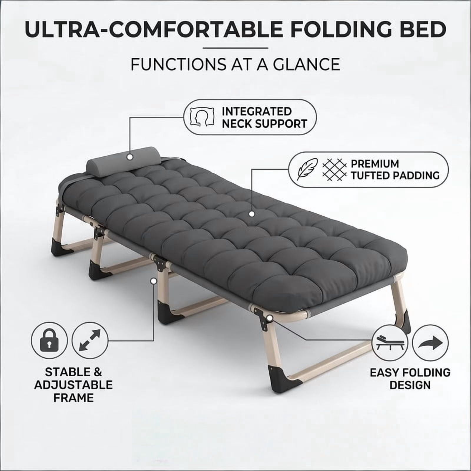 Heavy-Duty Folding Bed Frame with Adjustable Backrest, Portable Camping Cot, Indoor/Outdoor Daybed with Removable Pad
