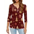 thumbnail image 5 of WTOBBY Women's Christmas Snowflake Tree Print V-Neck Decorative Button 3/4 Sleeve T-Shirt with Merry Christmas, Ladies Holiday Season Top for Casual Fashion Wear,Gold L, 5 of 5