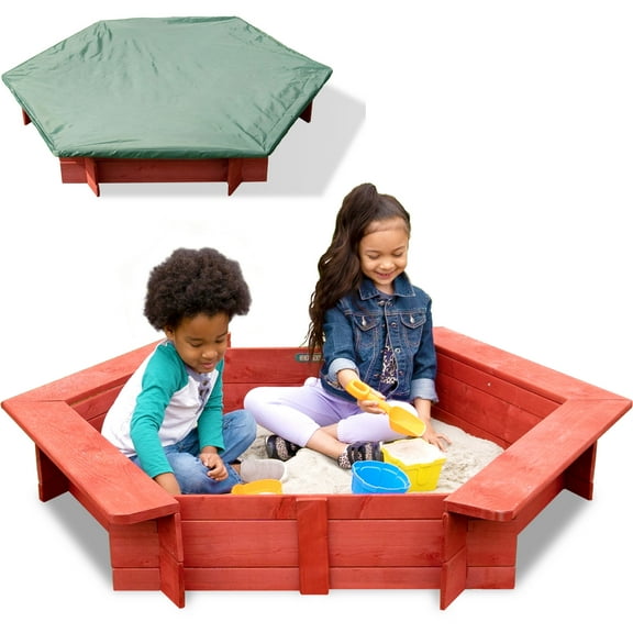 Sportspower 4.9' x 4.2' Hexagon Wooden Sandbox with Cover & Ground Liner