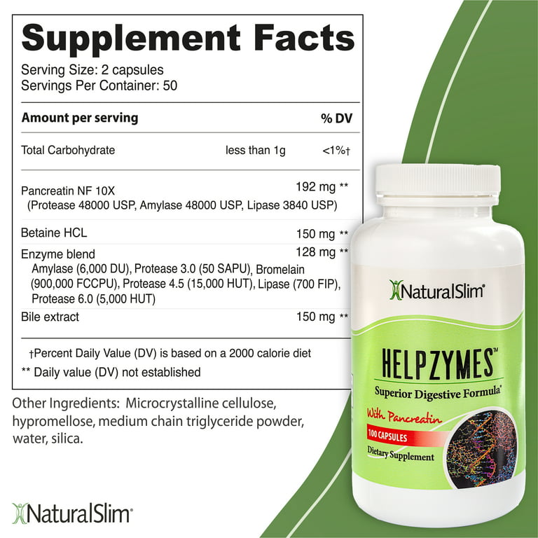NaturalSlim Helpzymes® w/ HLC Acid & Pancreatin - Digestive Enzymes 100  Capsules 