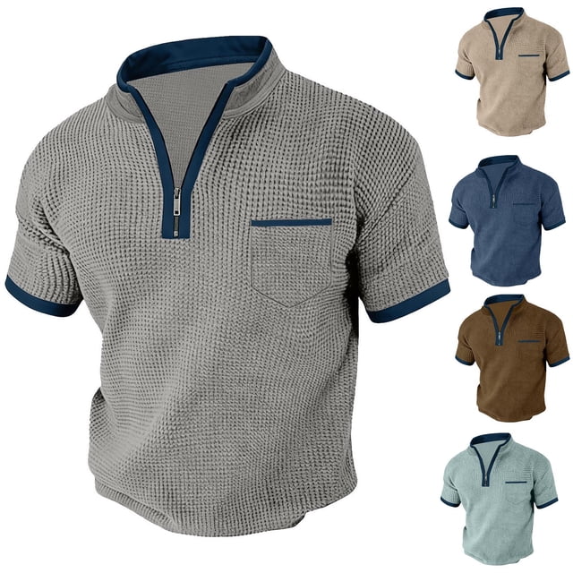 DIOAZUD Waffle Quarter Zip Pullover Men Short Sleeve Collared Tops Summer Lightweight Comfy Sweatshirt Golf Workout Shirts with Pocket Green S