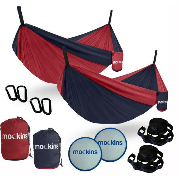 Mockins 2 Pack Navy Red Camping Hammock with Adjustable Tree Straps & Bonus  Frisbees | Durable & Lightweight Nylon Travel Hammock | Can be Used as 