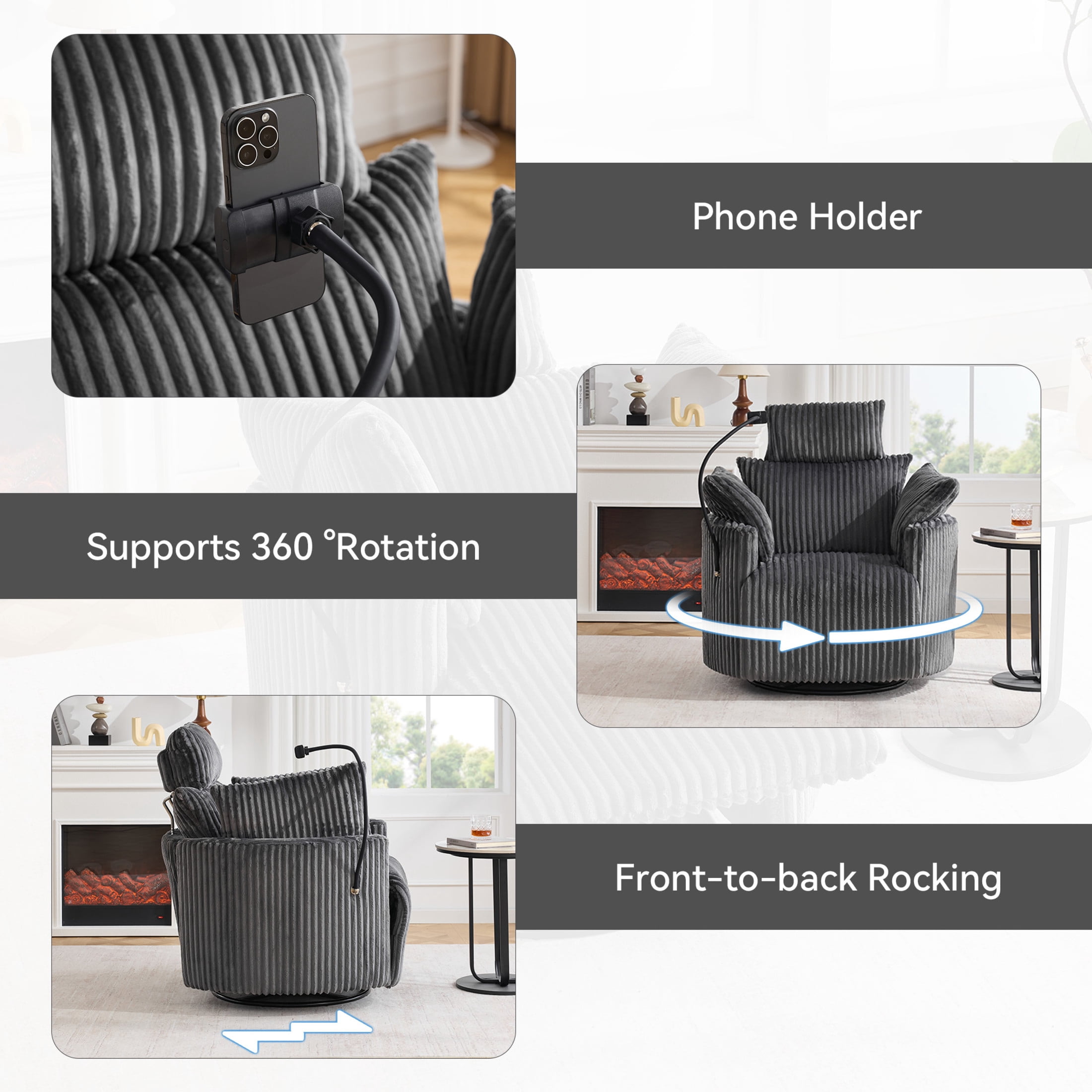 Noble House Sigrid 360° Swivel Rocking Recliner Chair, Electric Power Adjustable Corduroy Armchair with USB, Gray