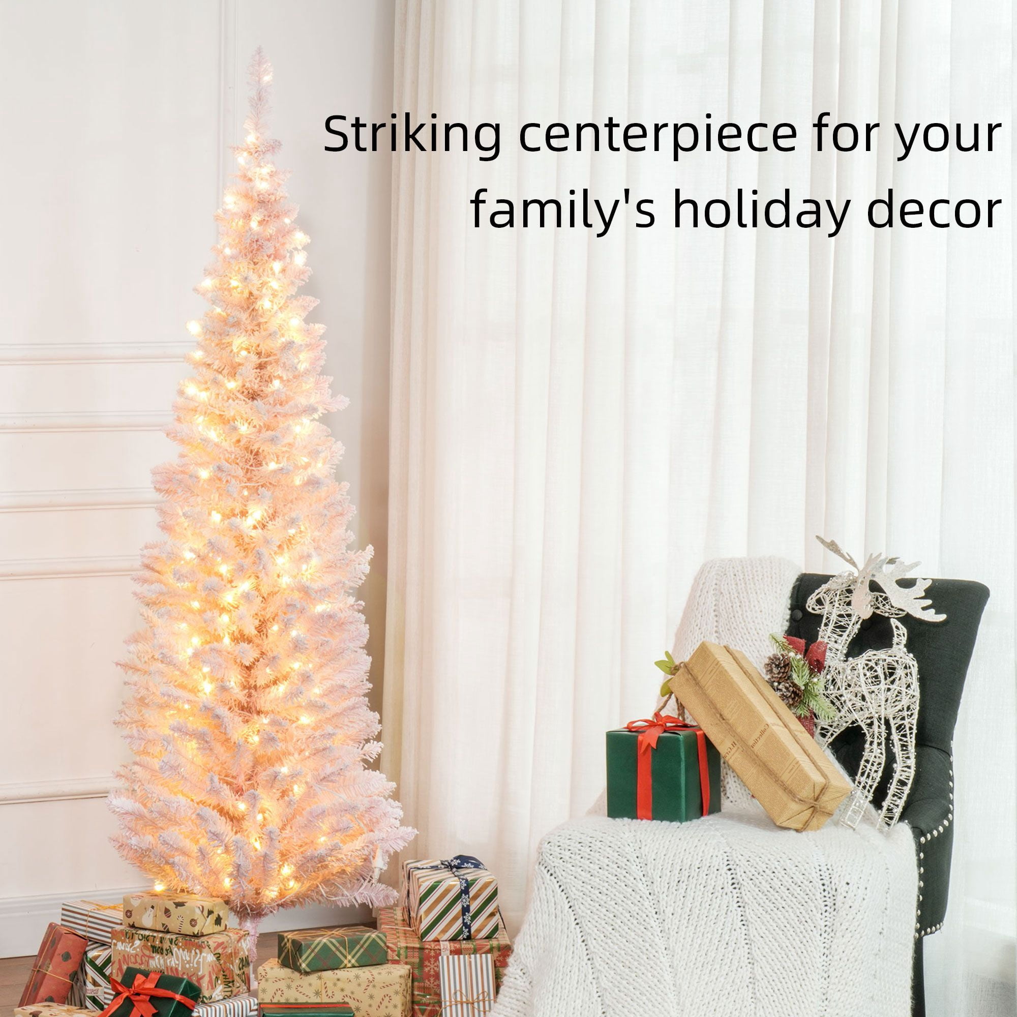 6ft Pencil Christmas Tree, Slim Artificial Christmas Tree with Realistic Branches and Warm White LED Lights, Pink
