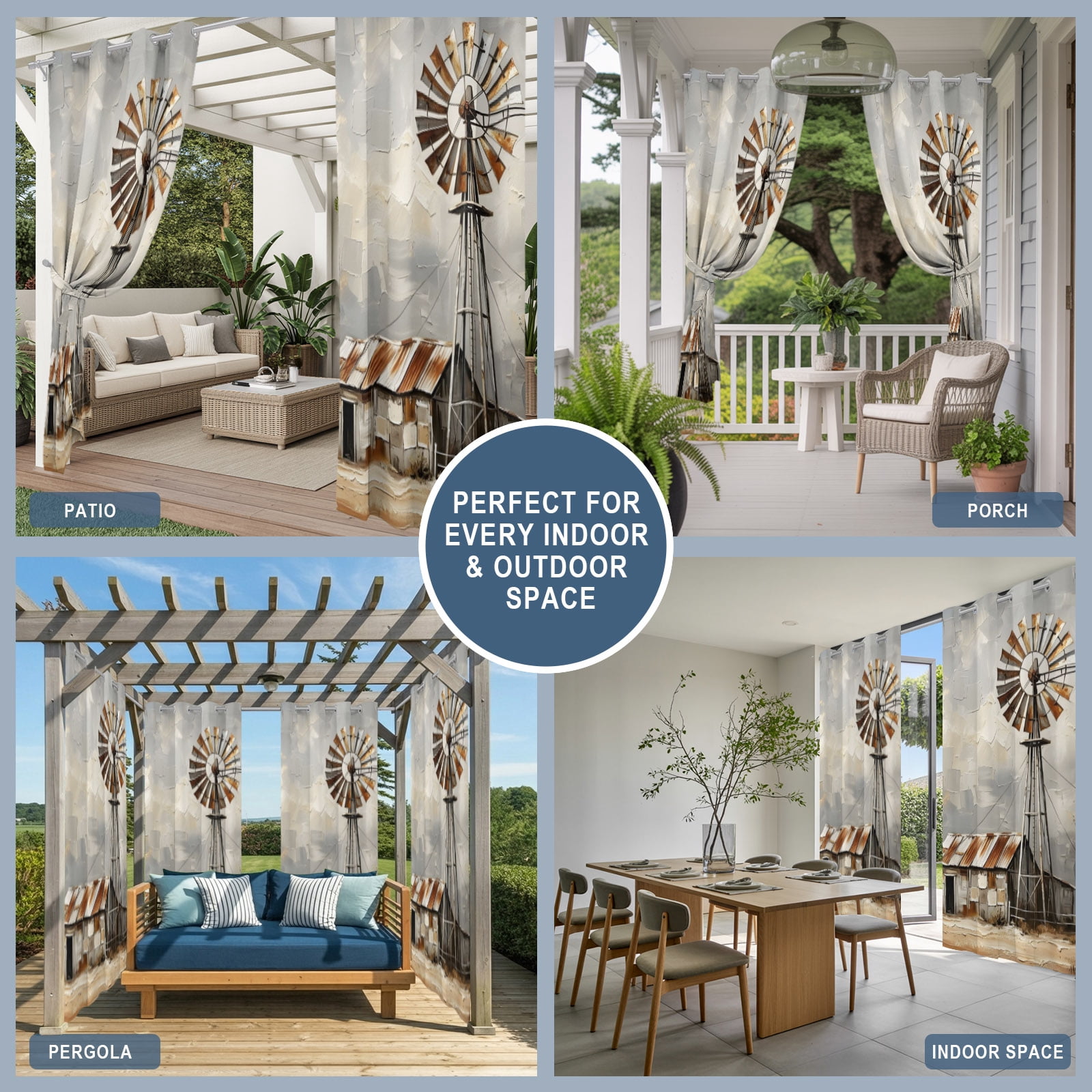 Gray Rustic Windmill Outdoor Curtains for Patio, Farmhouse Country Barn Oil Painting Sunshade Privacy Drapes Grommet Waterproof Outside Curtains for Porch/Cabana/Balcony 54"x 84", 2 Panel