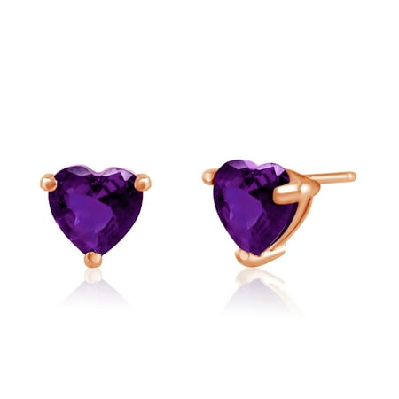 Heart Shaped Amethyst Earrings - Rose Gold Plated Sterling Silver Stud Earrings Heart Shaped Genuine Purple Amethyst 6x6mm