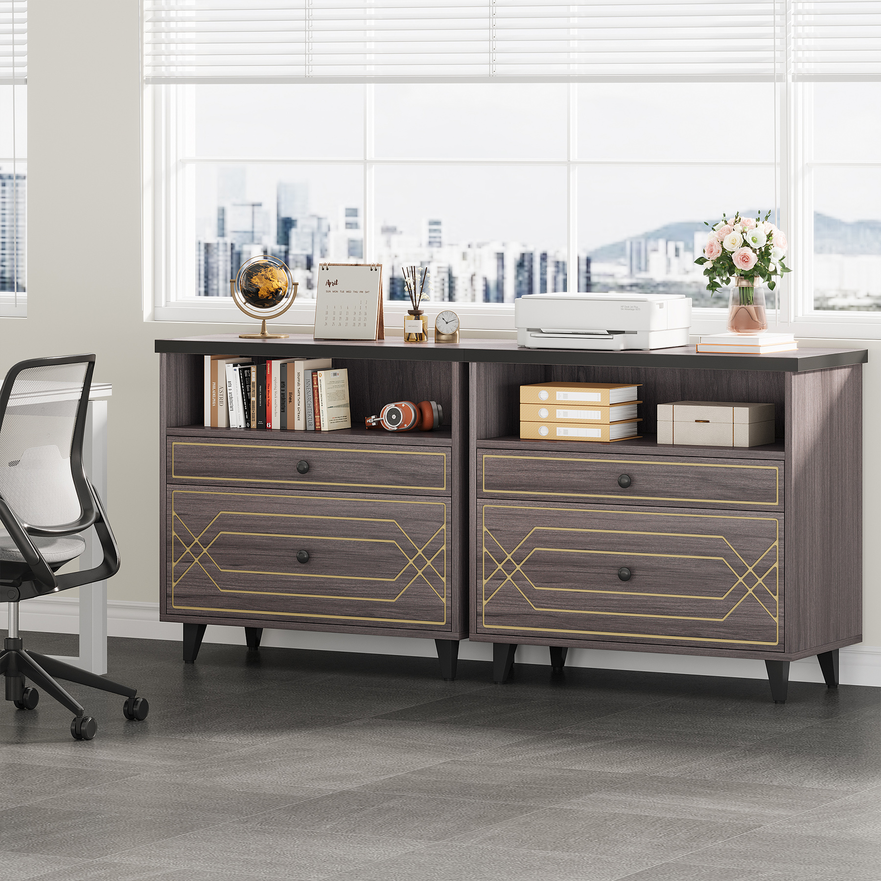 Condemo Lateral File Cabinet, 2 Drawer Filing Cabinet for Letter Size File, Modern Office Storage Cabinet Printer Stand for Home Office, Gray Brown
