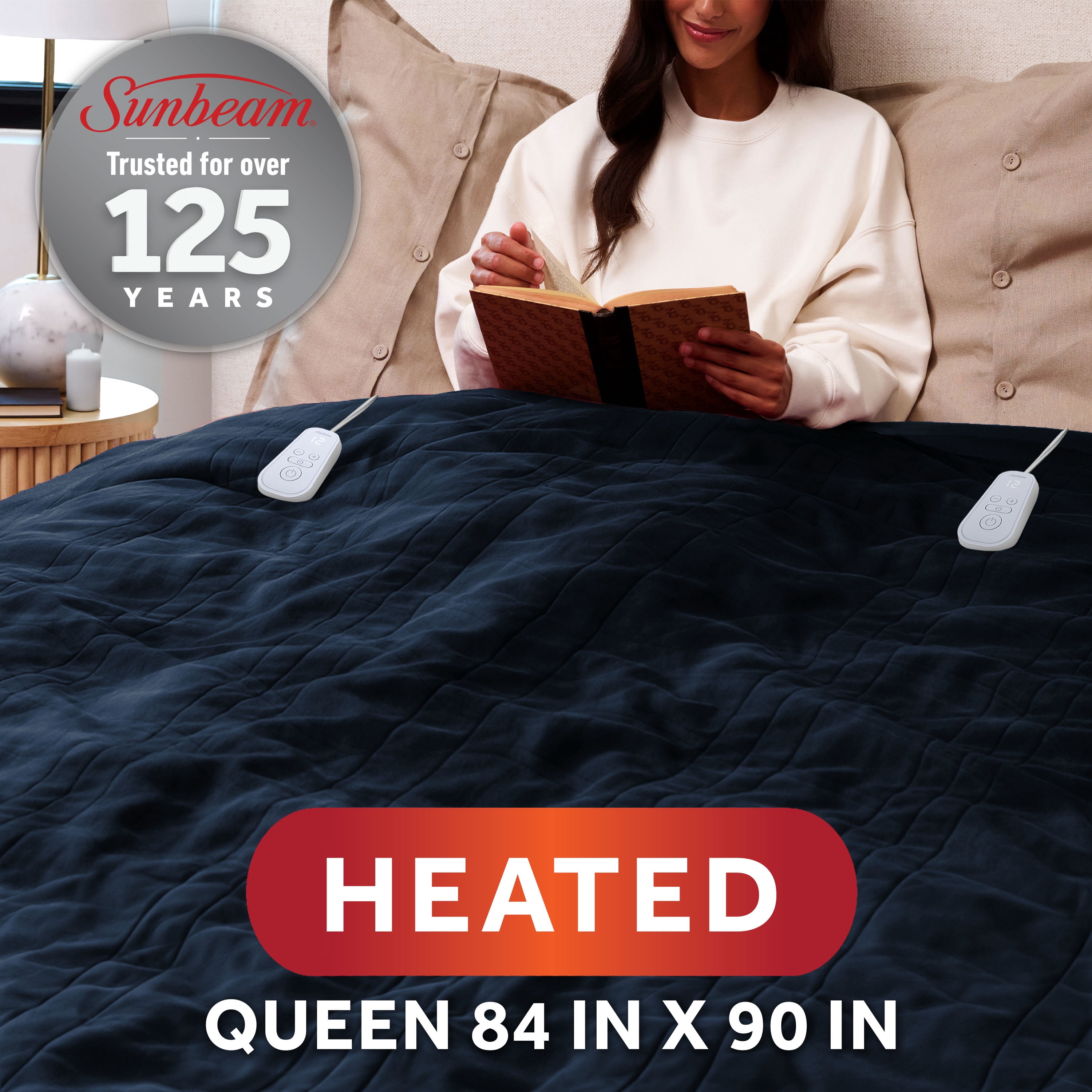 Sunbeam Heated Electric Microplush Bed Blanket, Poseidon Navy, Queen Size, 12 Heat Settings, 90 x 84 in