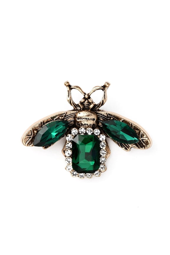 Rhinestone Bee Brooch Pin Golden Alloy Animal Badge for Backpack Clothes Emerald 35x47x6.5mm