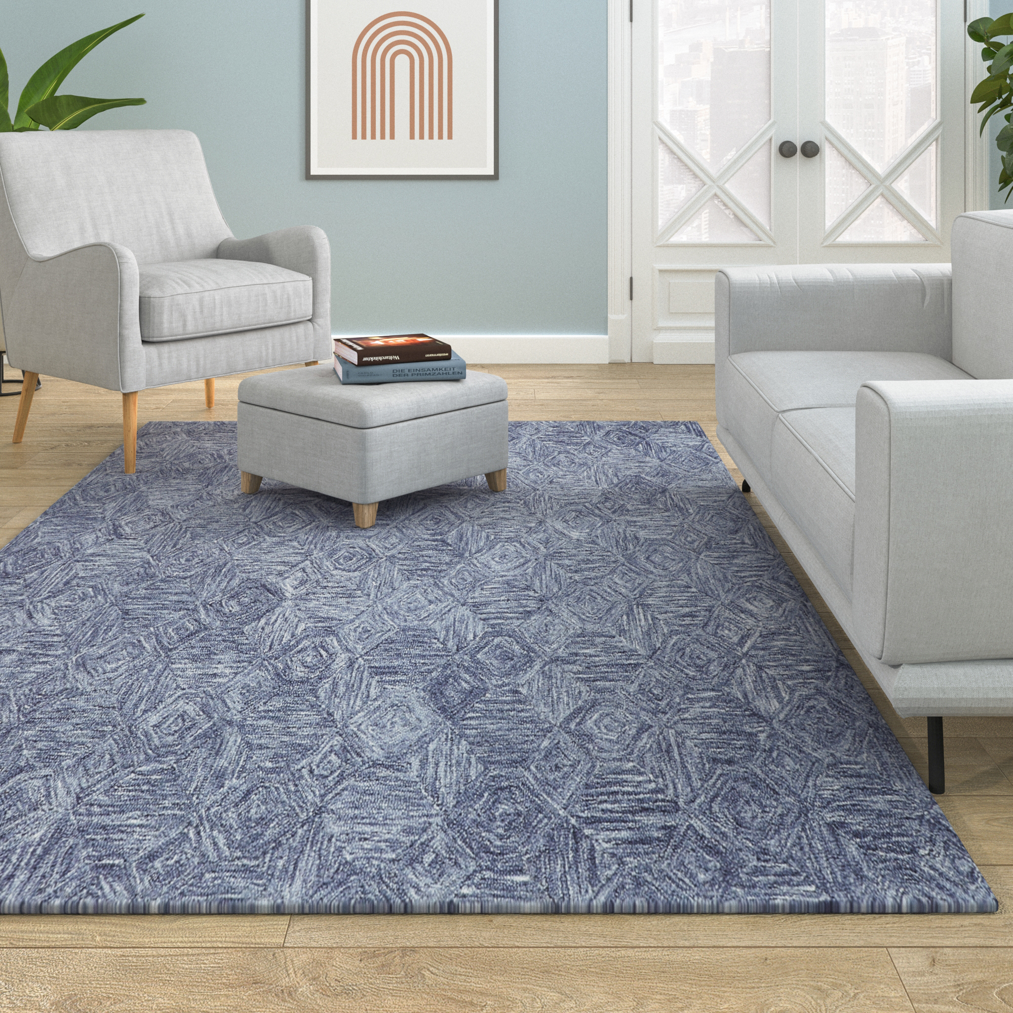 Ox Bay Bea Geometric Modern Hand-Tufted Wool Indoor Area Rug, Blue, 5' x 7'9"