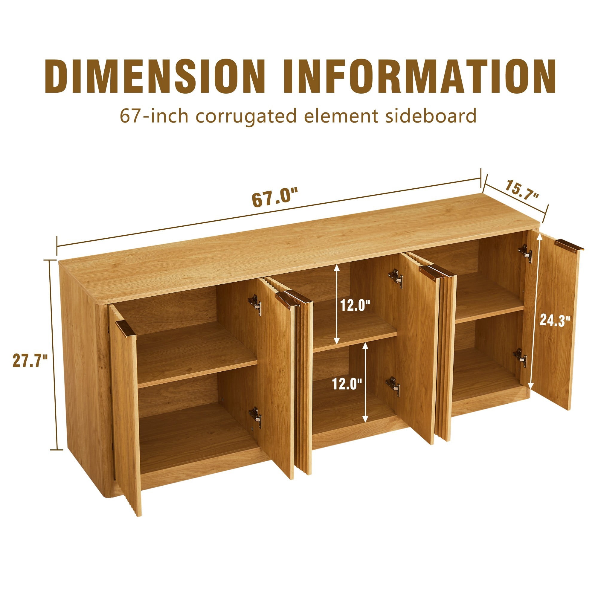 67" Modern Wavy Sideboard Cabinet, 6-Door Curved Storage Cabinet, Large TV Stand Buffet Console for Living Room Kitchen, Natural