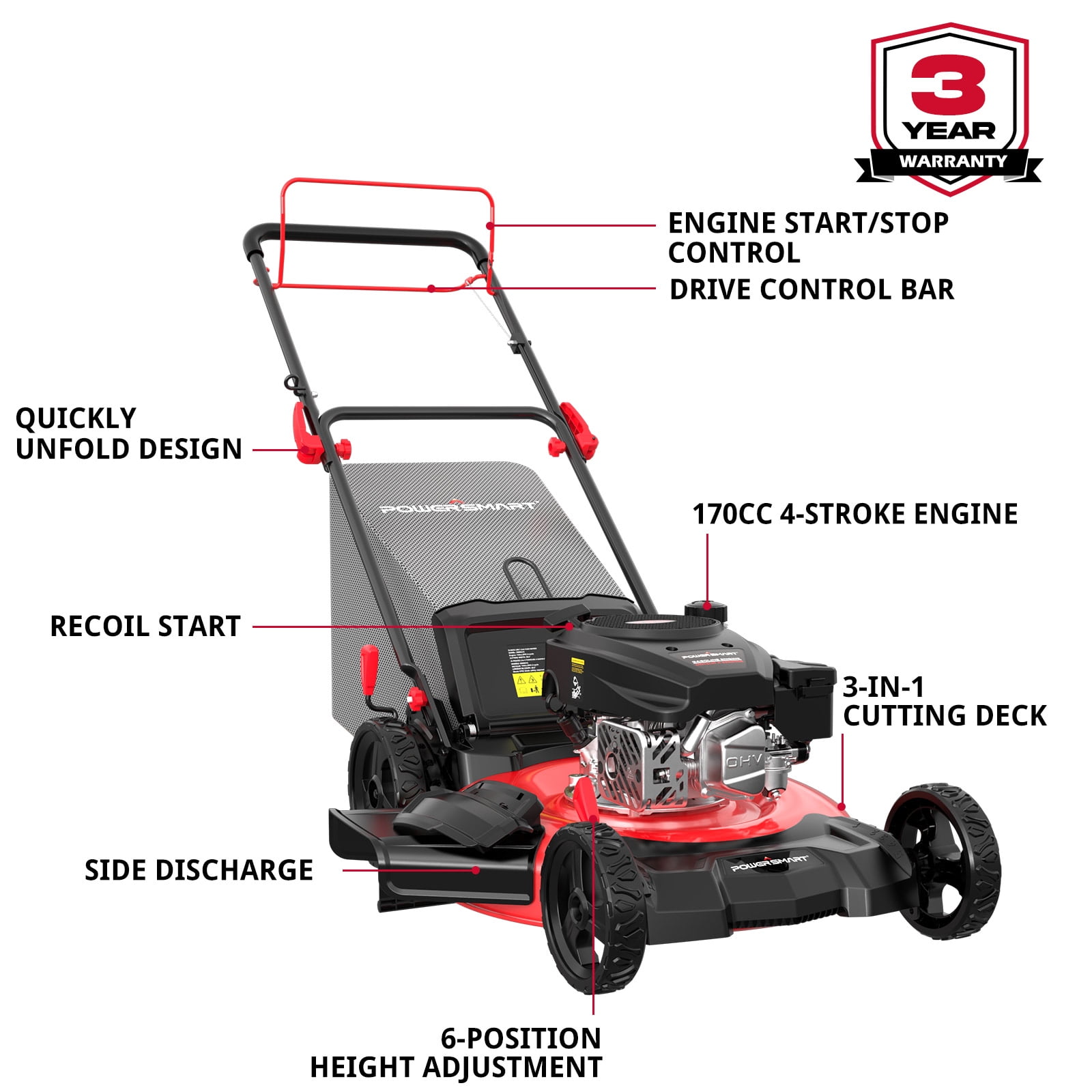 PowerSmart Gas Lawn Mower, 170cc Self-Propelled, 21 inches Cutting Blade, Quick Fold & Unfold Design