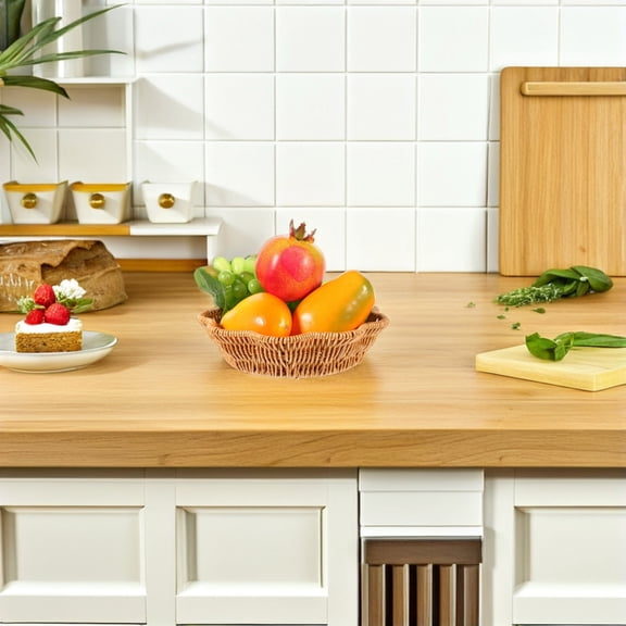UPOUART Light Brown Plastic Imitation Rattan Fruit Basket Decorative Plate for Home Kitchen Table Display