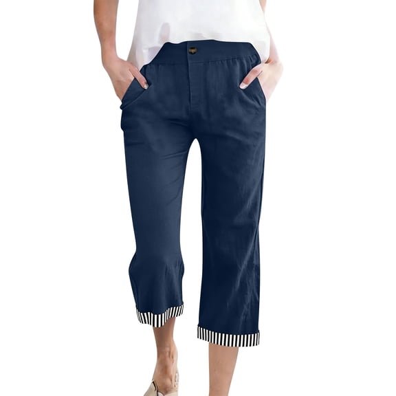 Gamivast Capris Pants for Women Elastic Waist Button Decor Striped Hem Cropped Pants Summer Beach Casual Pants Loose Fit Breathable Soft Holiday