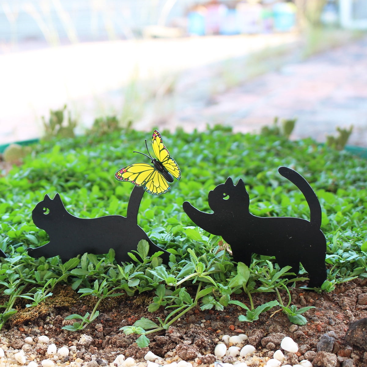 Black Cat Mother - and - Son Garden Stakes Set - Outdoor Cat Silhouette Yard Art & Lawn Fence Decor