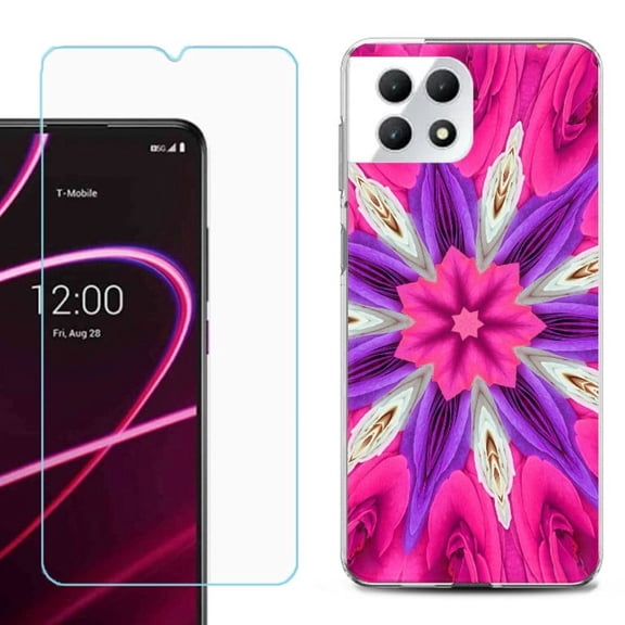 Phone Case for T-Mobile Revvl 7 5G, Shockproof Case Cover with Tempered Glass Screen Protector, by OneToughShield - Kaleidoscope Rose