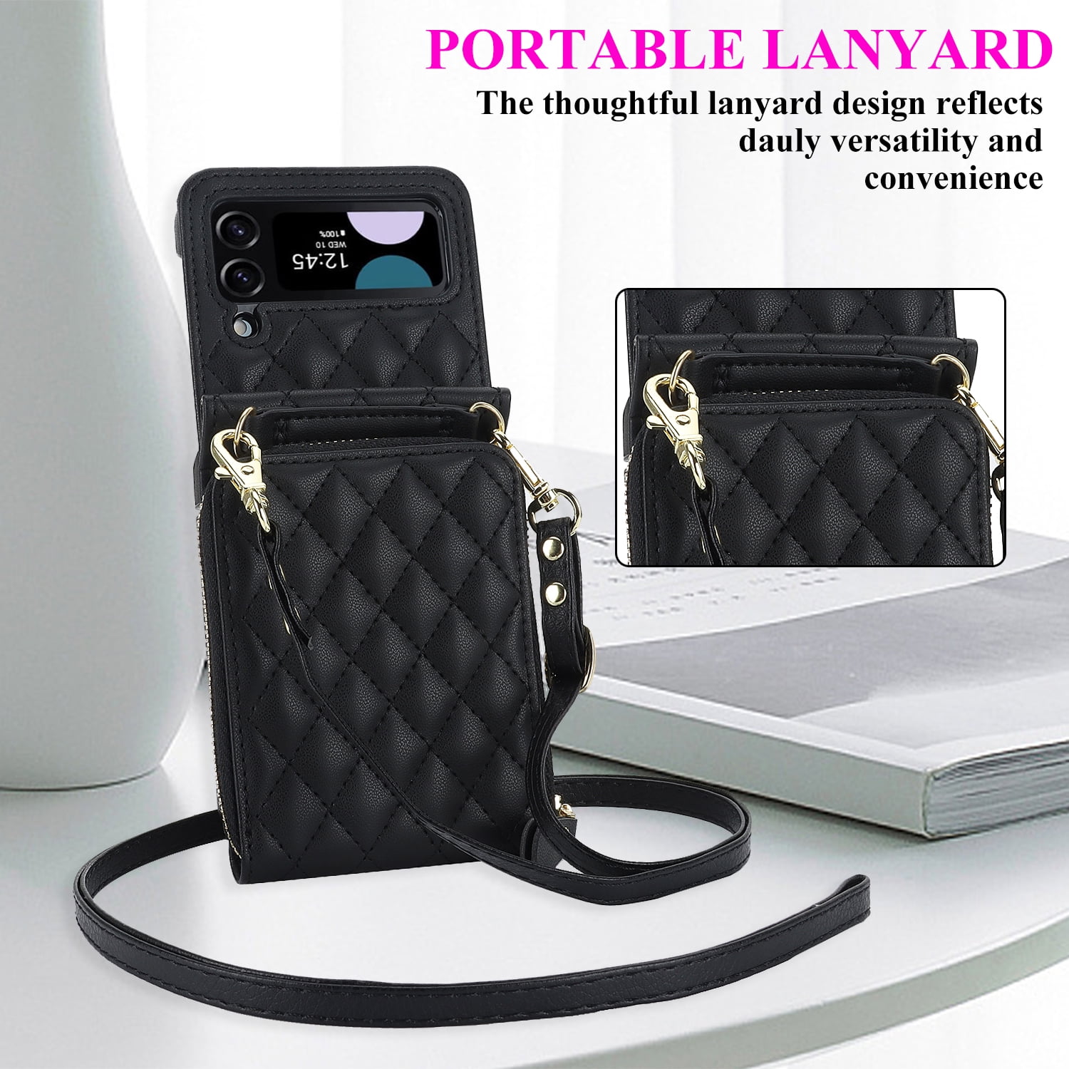 for Samsung Galaxy Z Flip 3 Crossbody Wallet Case with Card Holder 8-Card Slots Wallet Case with Adjustable Strap Soft PU Leather Protective Zipper Phone Case for Women Girls,Black