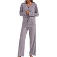 thumbnail image 2 of Conjunto de Dos Piezas para Mujer: Top de Larga Acanalado con Botones y Pantalones A Juego. Ropa de Dormir para Otoño. Púrpura XL, 2 of 9
