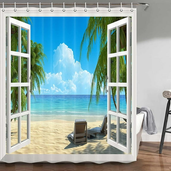 Beach Scene Shower Curtain, Tropical Beach Shower Curtain Summer Seaside Scene Ocean Island Palm Tree Bathroom Decorations Curtain Durable Waterproof Bathtub Showers Decor with Hooks(72X72)