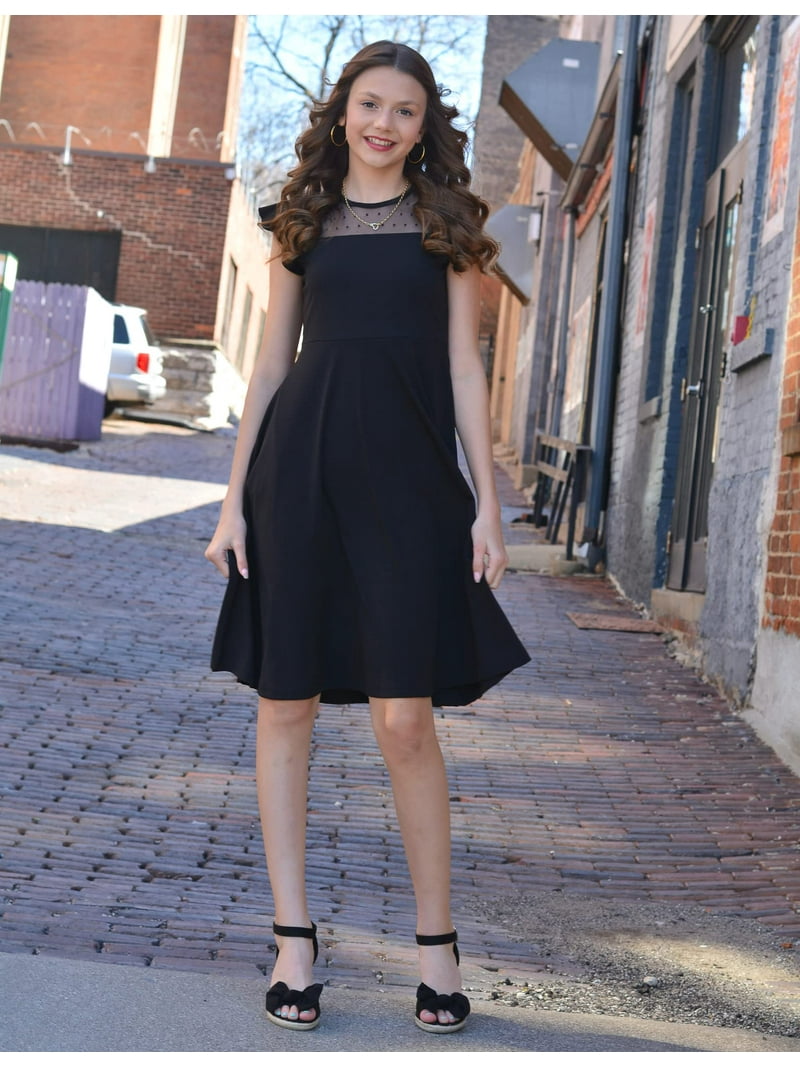 Oudiya Girls Summer Black Mesh Dress with Ruffle Sleeve, A-Line Casual Party Dress with Pockets, Sizes 6-13 Years