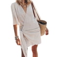thumbnail image 3 of Vestido mediano de manga corta con cuello en V de lino para mujer: color liso, cómodo, se ajusta a la talla, para la playa o para llevar por la calle; tallas S-XXXL, 3 of 5