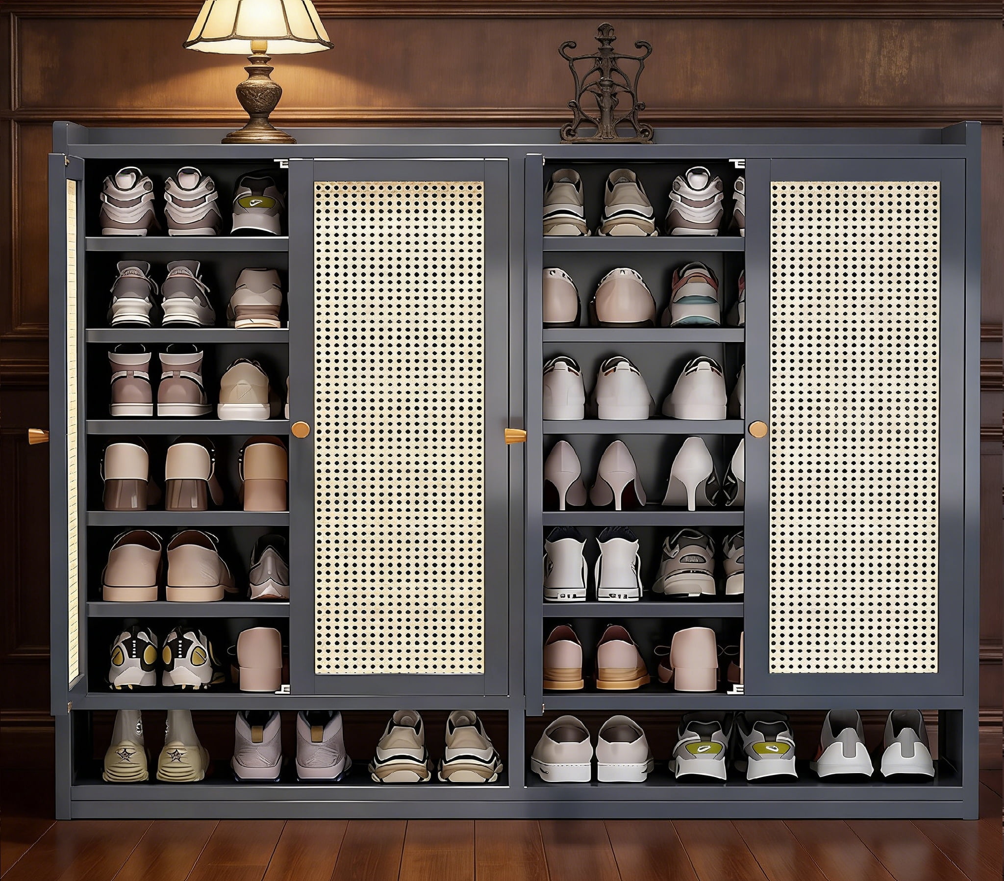 8-Tier Bamboo Shoe Cabinet, 40 Pairs Shoe Storage Cabinet with Doors, Freestanding Bamboo Shoe Rack Organizer with Shelves for Entryway, Hallway, Closet, Living Room, Grey